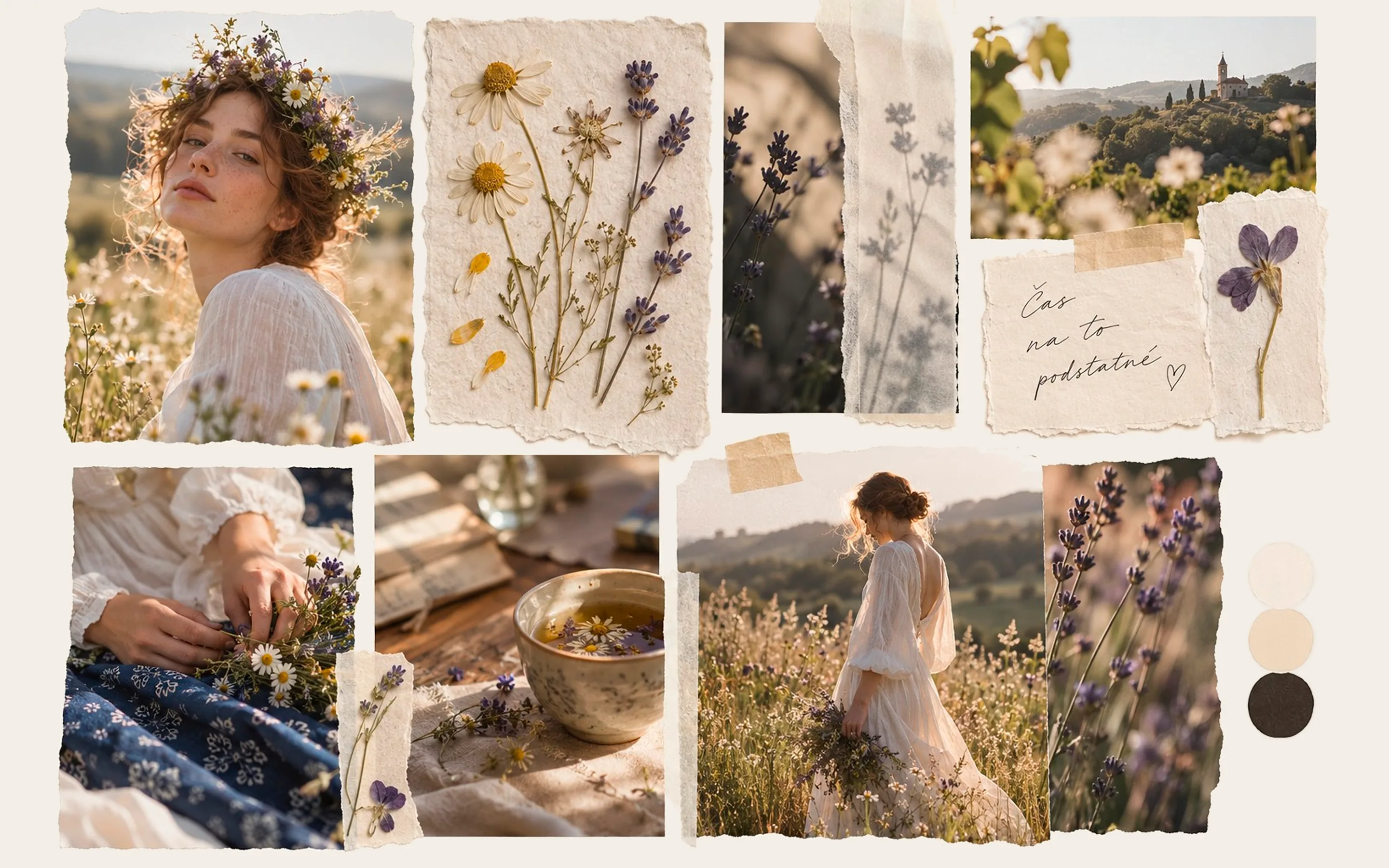 Moodboard: lisované byliny, ruční papír a fotky z léta